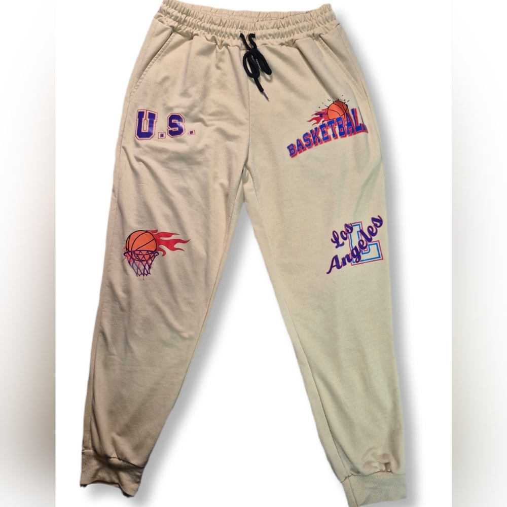 Romwe Boy's Tan Basketball Graphic Athletic SweatPants Size 38/Medium